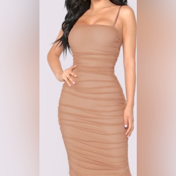 Fashion Nova Elegant Tan Bodycon Stretch Roused‎ Sleeveless Midi Dress XS EUC - Picture 1 of 9